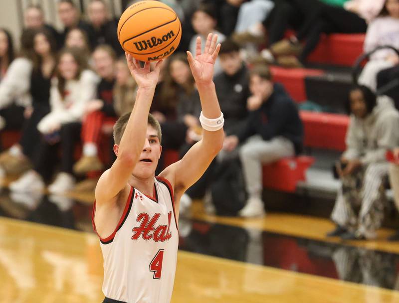 Hall's Luke Bryant shoots a wide-open jump shot against Fieldcrest during the Colmone Classic on Friday, Dec. 12, 2025 at Hall High School.