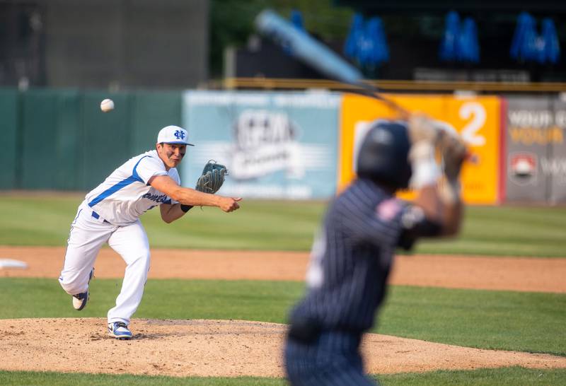 Newman Central Catholic pitcher Evan Bushman pitches during a game against Hope Academy at Northwestern Medicine Field in Geneva on Monday, June 2, 2025. Bushman pitched all seven innings to help lead Newman Central Catholic to their win.