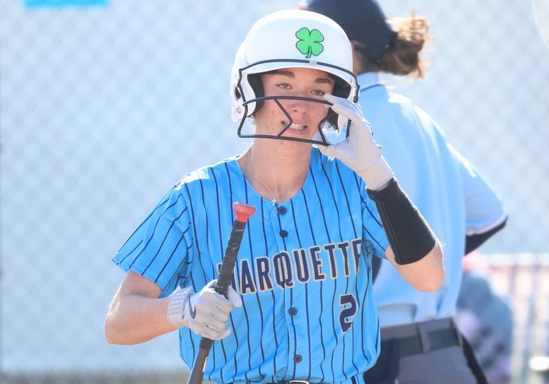 Marquette's Madisyn Trainor smiles after scoring the teams first run against St. Bede on Tuesday, April 23, 2026 at June Cross Field in Ottawa.