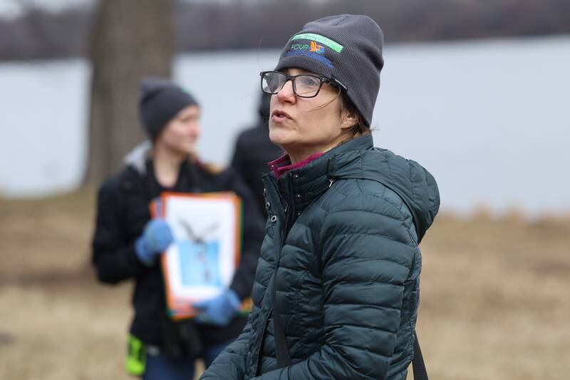 Interpretive Naturalist Angela Rafac talks about the eagles currently along the Des Plaines rivers during an interactive hiking tour at the Four Rivers Environmental Education Center’s annual Eagle Watch program in Channahon.