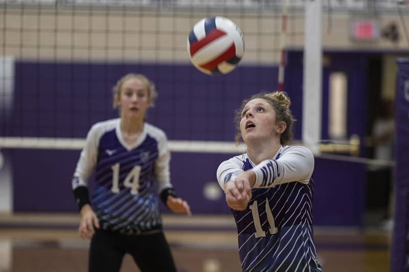 Dixon’s Presley Lappin plays a shot against Newman Monday, August 28, 2023 during a non-conference match-up in Dixon.