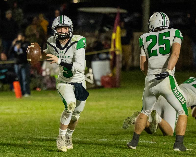 Collin Bachand (3) of Dwight looks to throw pass to receiver on Saturday, November 15, 2025 at John O' Boyle Field in Stockton.