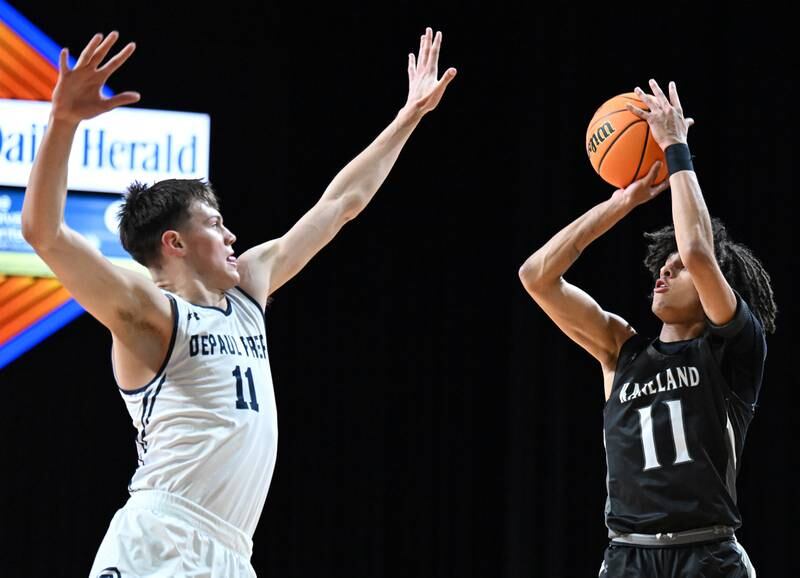 Kaneland's Evan Frieders, right, shoots as DePaul College Prep's Jonas Johnson defends during the Class 3A boys supersectional at NOW Arena on Monday, March 10, 2025 in Hoffman Estates.