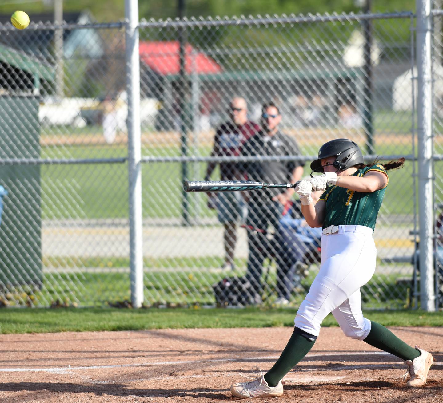 Grant Park's Cheyenne Hayes connects for a two-run single during a home game against Watseka Wednesday, April 22, 2026.