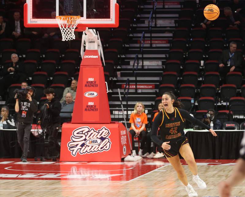 Montini's Natalie Gartlan reacts in the final seconds after defeating Quincy Notre Dame during the Class 3A State semifinal game on Thursday, March 6, 2025 at CEFCU Arena in Normal.