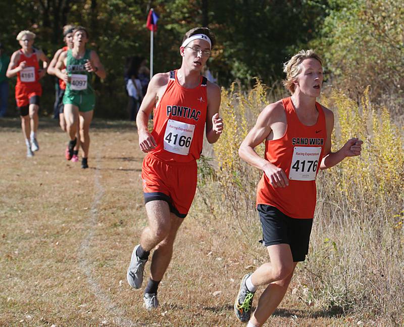 Sandwich's Dayton Betty runs in the Class 1A Regional Cross Country boys race on Saturday, Oct. 22, 2022 at the Seneca FFA Farm in Marseilles.