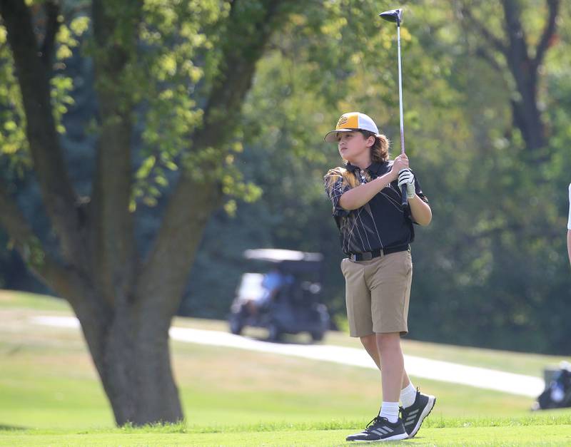 Putnam County's Jace Boedigheimer tees off during the Class 1A Regionals on Wednesday, Oct. 1, 2025 at Deer Park Golf Club in Oglesby.