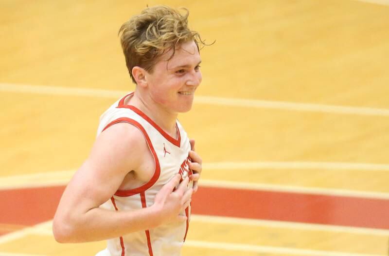 Ottawa's Evan Snook reacts after hitting the winning shot against Pontiac during the Dean Riley Shootin' The Rock Thanksgiving Tournament on Monday, Nov. 25, 2024 in Kingman Gym at Ottawa High School.