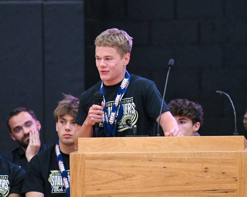 Sycamore Pole vaulter Braedon Shaner talks during the pep rally on Tuesday June 4, 2025, at Sycamore High School after the team brought back the championship trophy.