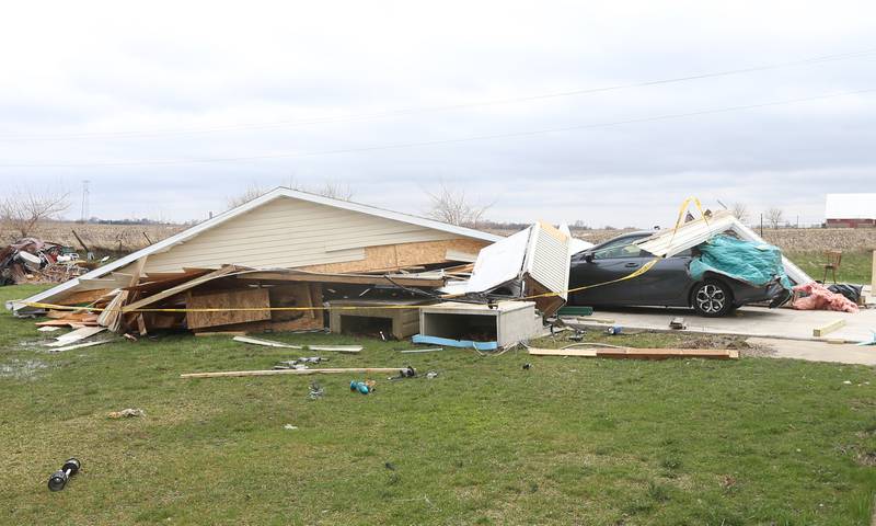 A house is ripped off it's foundation on Wednesday, April 5, 2023 in the Mendota Estates Mobile Home Park. The park sustained substantial damage from both rounds of storms that passed through the area between Friday and Tuesday.