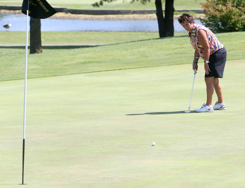 Cheri Russell puts on the sixth hole during the Illinois Valley Womens Golf Championship on Saturday, Aug. 11, 2024 at Deer Park Golf Club in Oglesby.