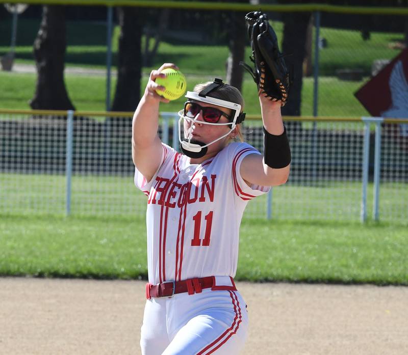 Oregon's Izzy Berg pitches against Somonauk at the 2A Oregon Regional on Wednesday, May 20, 2026. Berg shut out Somonauk 6-0 to lead the Hawks to the regional final on Saturday.