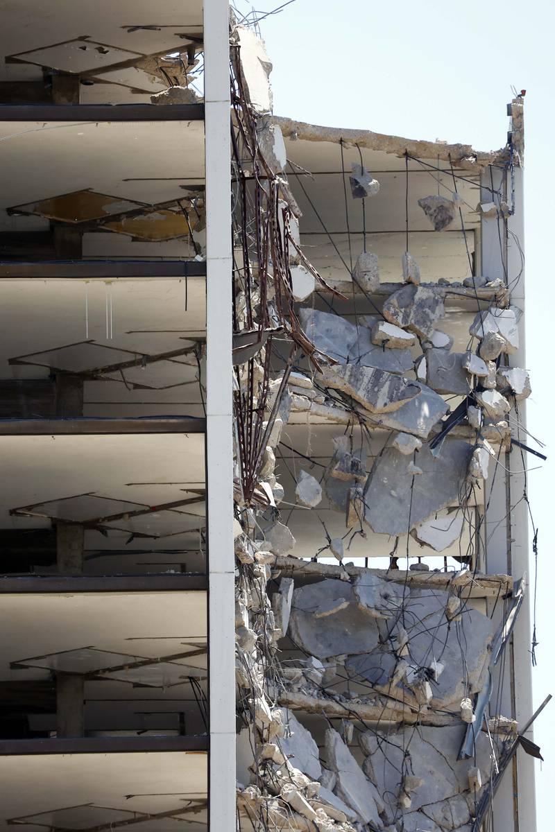 Looking inside the northwest corner of the tower building Friday, May 17, 2024 to bring down the last of the remaining structures at the shuttered Pheasant Run Resort in St. Charles. City officials had tried to work with property owners for nearly a year to fix building code violations and secure the property, before taking legal action to seeking demolition.