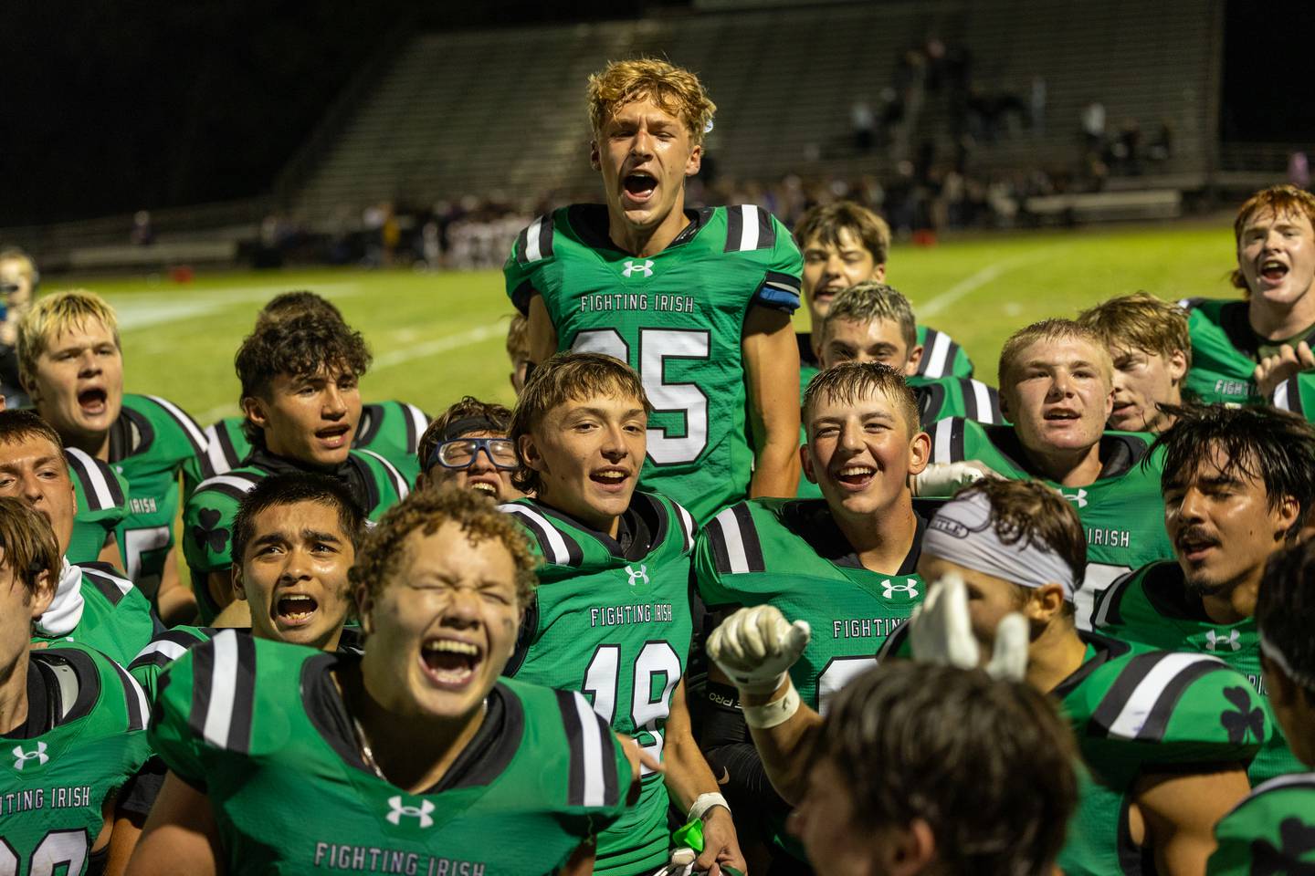 Seneca's Football team celebrates win against Chicago Christain at their 2025 home opening game on Friday, Aug 29, 2025 at Seneca High School in Seneca.