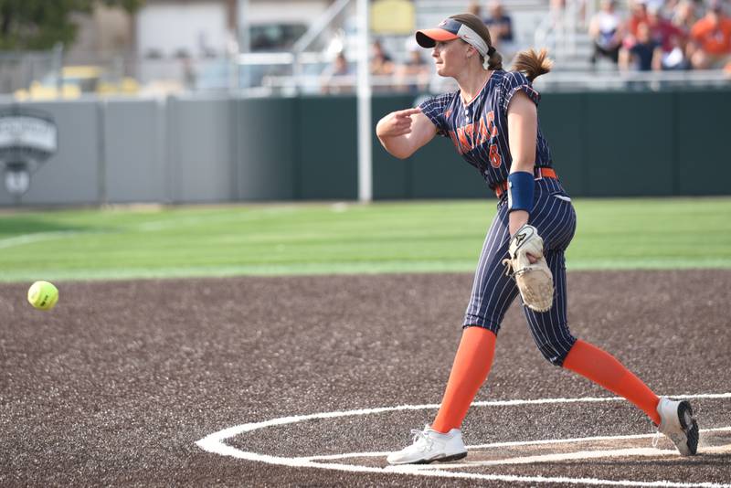 Pontiac's Elena Krause throws a pitch during the Class 3A Illinois Wesleyan Supersectional against Providence Monday, June 9, 2025.