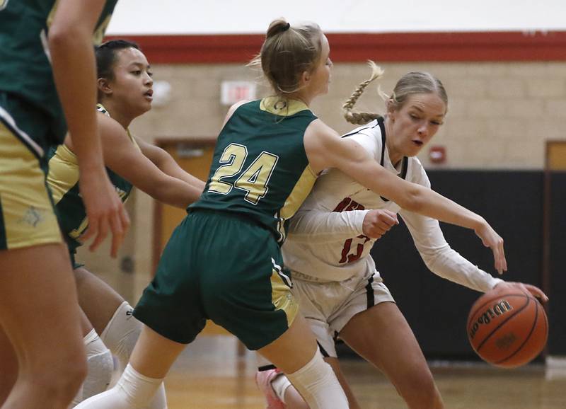 Huntley's Morgan McCaughn, right, tries to Brin the ball up the court against Boylan's Kaylee Harter during a Dundee-Crown Thanksgiving Girls Basketball Tournament basketball game Wednesday, Nov.. 16, 2022, between Huntley and Boylan at Huntley High School.