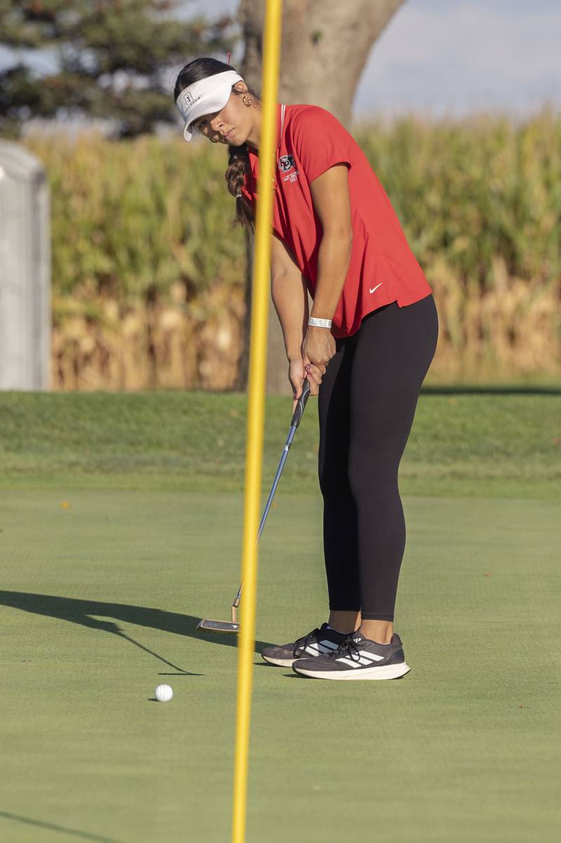 Erie-Prophetstown’s Ava Grawe putts on the #5 green at Emerald Hill Wednesday, Sept. 24, 2025.