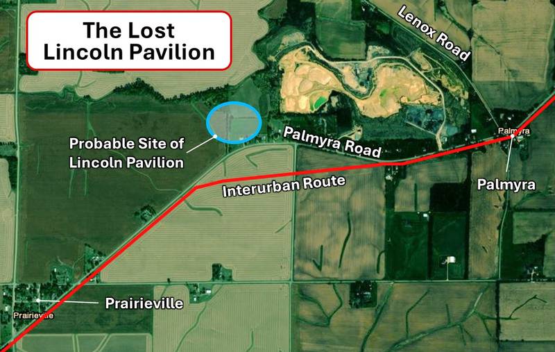 This is map, created by Tom Wadsworth, shows the probable location of the Lincoln Pavilion between Dixon and Sterling.