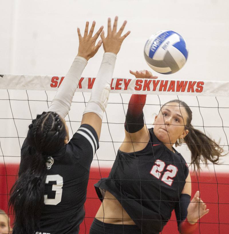 Sauk Valley’s ReAnna Brant hammers the ball against Kishwaukee Wednesday, Oct. 29, 2025.