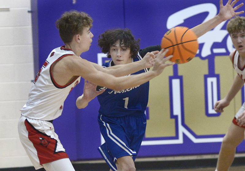 Newark’s Austin Reibel tries to knock the pass away from Hall’s Jabob Andracke  in the 2nd period Tuesday at Serena.