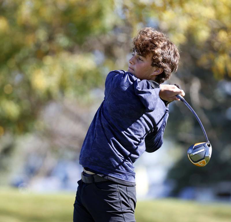 Lucas Swanson of Wauconda tees off at the IHSA Class 2A Kaneland boys golf sectional  Monday, Oct. 7, 2024 at at Hughes Creek in Elburn.