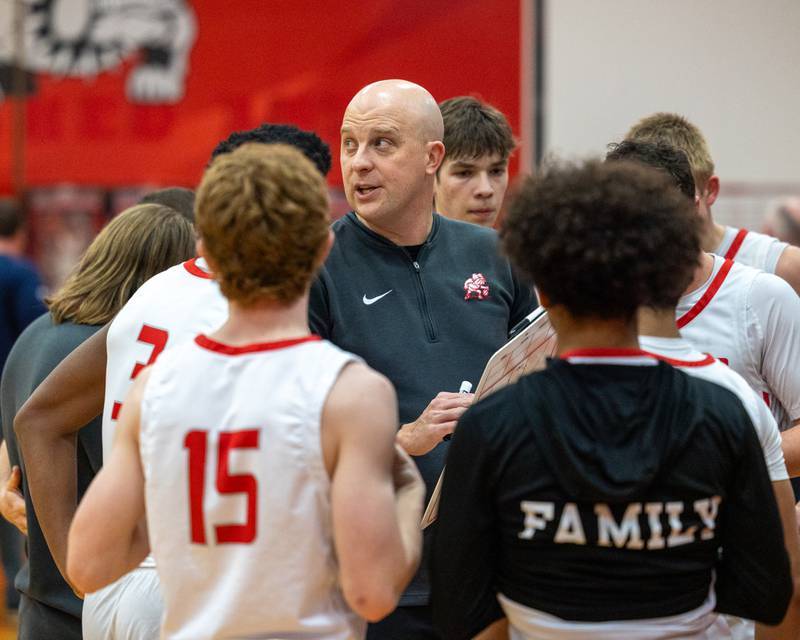 Streator's Head Coach Beau Doty talks to team during timeout on Wednesday, Feb. 18, 2026 at Streator High School in Streator.