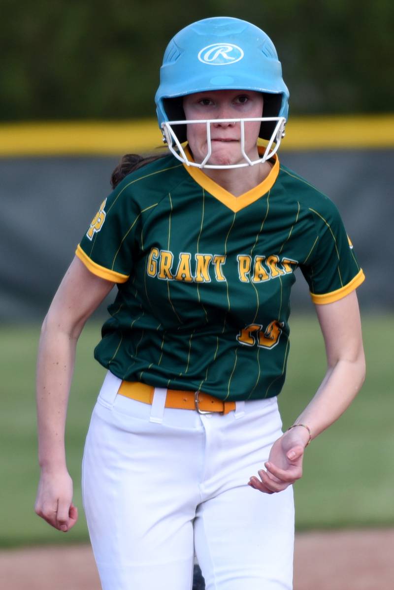 Grant Park's Lydia Segert runs to third base during a home game against Watseka Wednesday, April 22, 2026.