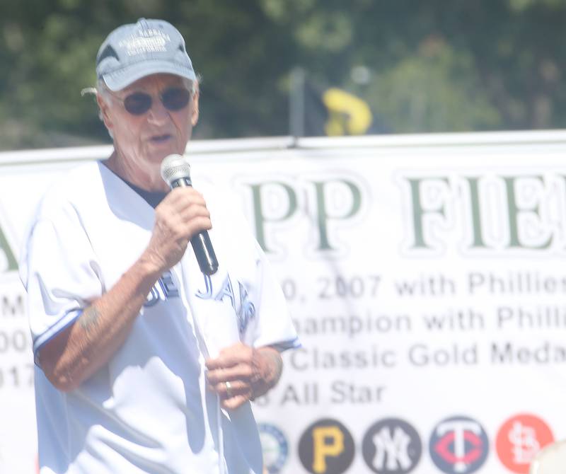 Lanny Slevin, former WLPO sports director introduces J.A. Happ during the J.A. Happ Day and field dedication on Sunday, July 30, 2023 at Washington Park in Peru.