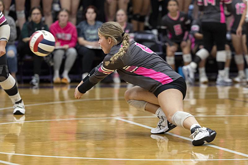 Rock Falls’ Sophia Moeller goes after a shot against Dixon Thursday, Oct. 12, 2023 at Dixon High School.