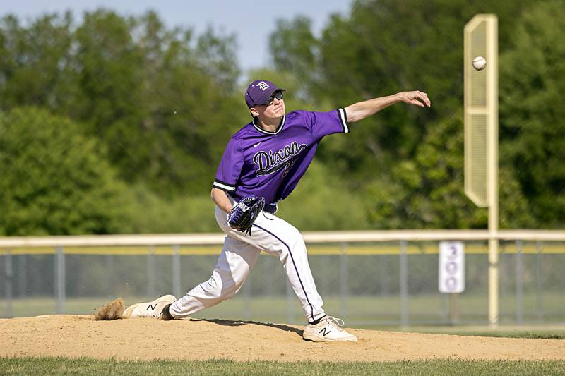 Dixon’s James Leslie fires a pitch against Burlington Central Thursday, May 25, 2023 during a class 3A regional semifinal in Rochelle.