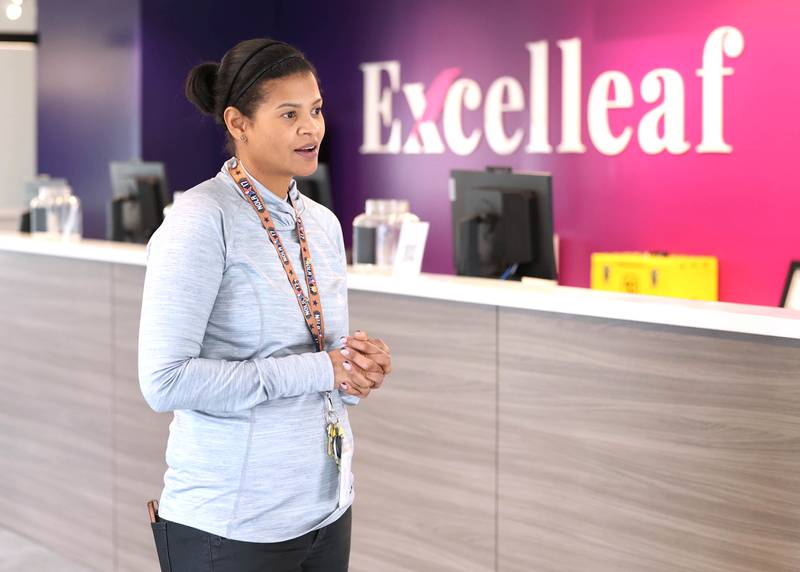 Nakia McAdoo, a founding partner for Canndid Spirit Too, LLC, the company that operates Excelleaf, talks Thursday, Nov. 16, 2023, at Excelleaf which will soon be opening in DeKalb.