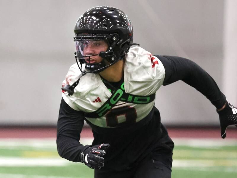 Northern Illinois University safety Nate Valcarcel runs to the ball carrier Wednesday, July 31, 2024, during practice in the Chessick Practice Center at NIU.