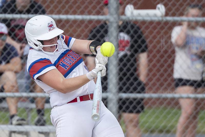 Morrison’s Allie Anderson drives the ball to right for the Fillies first run of the game against Milledgeville Tuesday, May 13, 2025.