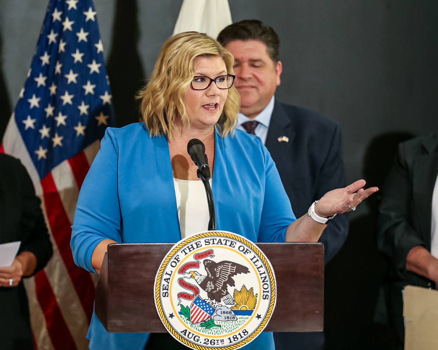 Brianne Hetman, SSWC CEO, speaks at the Grandparents Raising Grandchildren Bill Signing.  August 2nd, 2023