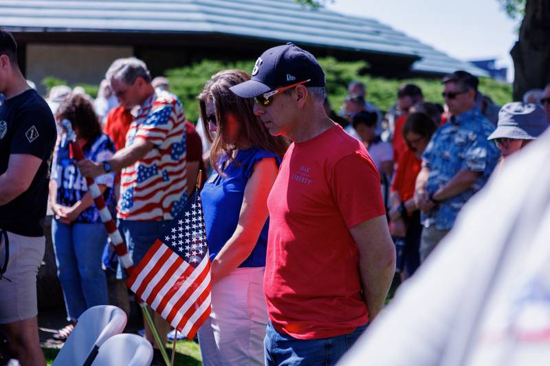 A moment of silence and prayer during the ceremony at the Freedom Shrine  on Monday, May25,2026 in St. Charles.