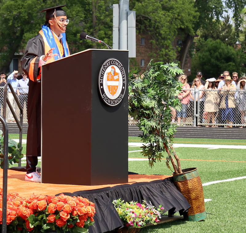 Graduate Rayaan Ahmed speaks Saturday, May 20, 2023, during the McHenry Community High School Graduation Ceremony for class of 2023 at McCracken Athletic Field in McHenry.