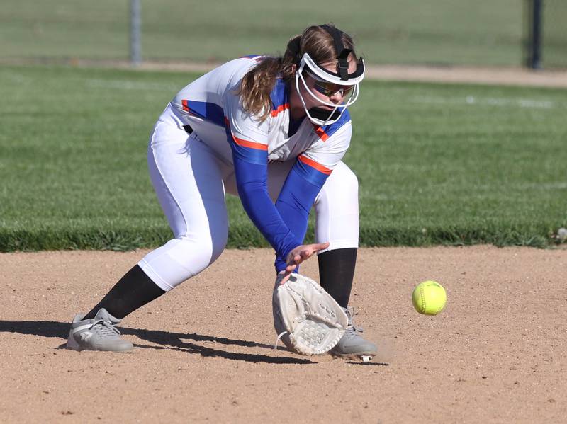 Genoa-Kingston's Kaylee Luepkes fields a ball at second base Thursday, May 8, 2025, during their game against DeKalb at Genoa-Kingston High School.