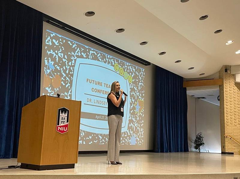 Lindsey Jensen, Early Career Development and Student Director for the Illinois Education Association and the 2018 Illinois Teacher of the Year speaks during Tuesday, April 27, future teachers conference.