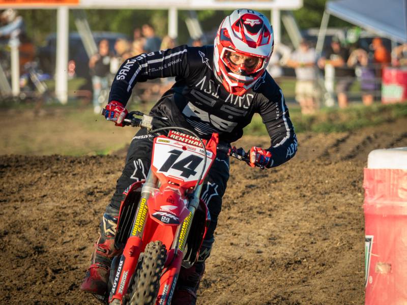 Megacross rider turns corner in race on Saturday, August 31, 2024 at the Tri County Fair in Mendota.