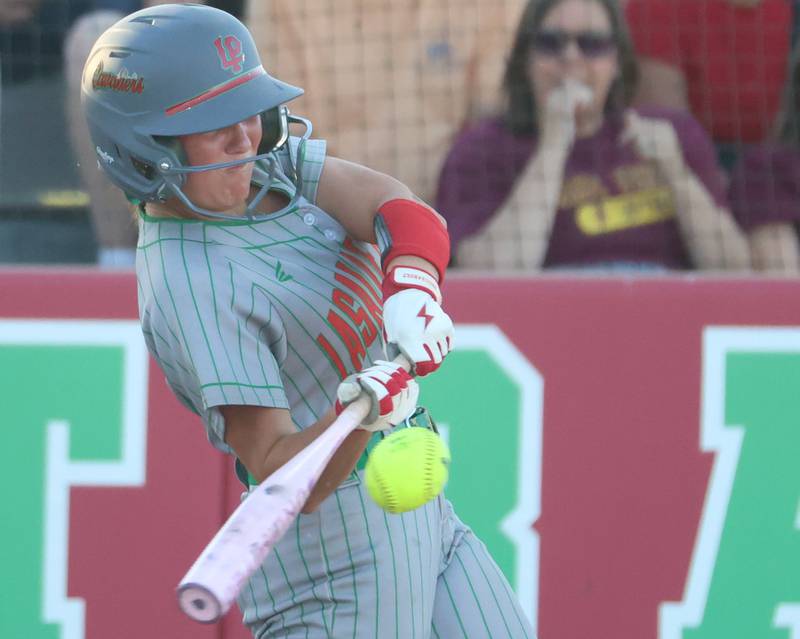 L-P's Karmen Piano gets a hit during the Class 3A Sectional semifinal game on Tuesday, May 26, 2026 at the L-P Athletic Complex in La Salle.