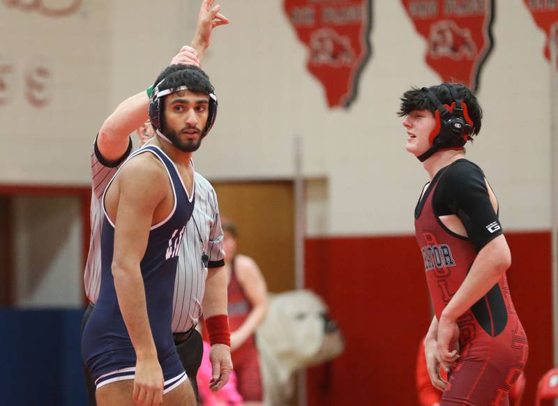Lisle's Ibraheem Harb defeats Streator's Eastyn Ehm during a wrestling meet on Wednesday, Jan. 21, 2025 in Pops Dale Gymnasium at Streator High School.
