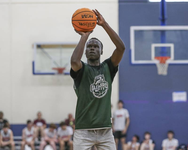 Glenbard West's Josh Abushanab (5) shotts a free throw in their Riverside-Brookfield Shootout basketball game.  June 20, 2025 in Riverside.