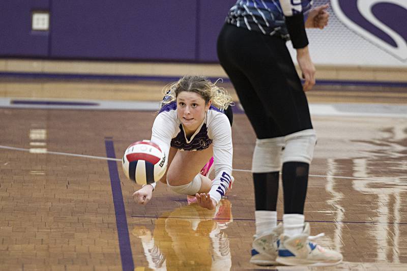 Dixon’s Presley Lappin digs a shot against Rock Falls Thursday, Oct. 12, 2023 at Dixon High School.