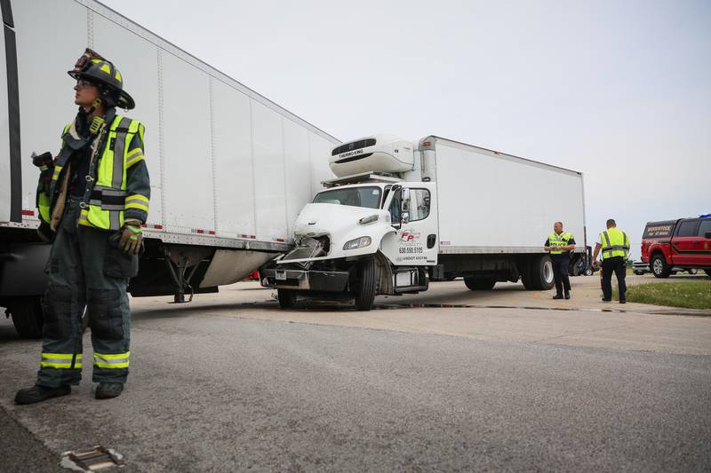 One man was transported to the hospital June 25, 2024 following a box truck and semi truck collision at the intersection of Route 14 and Washington Street in Woodstock.