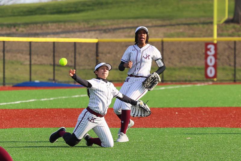 Kankakee's Mikaylah Santoyo throws to first from her knees during the Kays 20-11 loss to Crete-Monee on Tuesday, April 7, 2026.