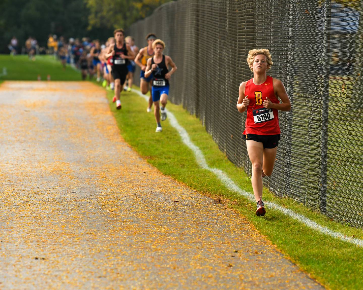 Edward Polaski of Batavia breaks away from the pack during the DuKane Conference meet on Saturday Oct. 18, 2025, held at Lake Park High School east campus where he finished 2nd with a time of 15:15.8.