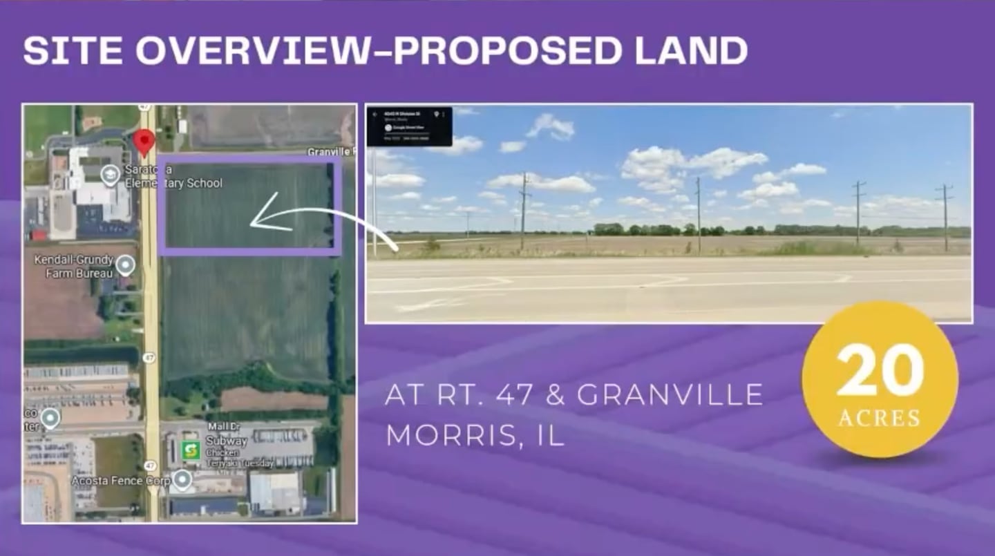Slide from a presentation delivered on Oct. 16, 2025, by Joliet Junior College Executive Vice President Yolanda Farmer showing the site overview for the future Grundy County campus.