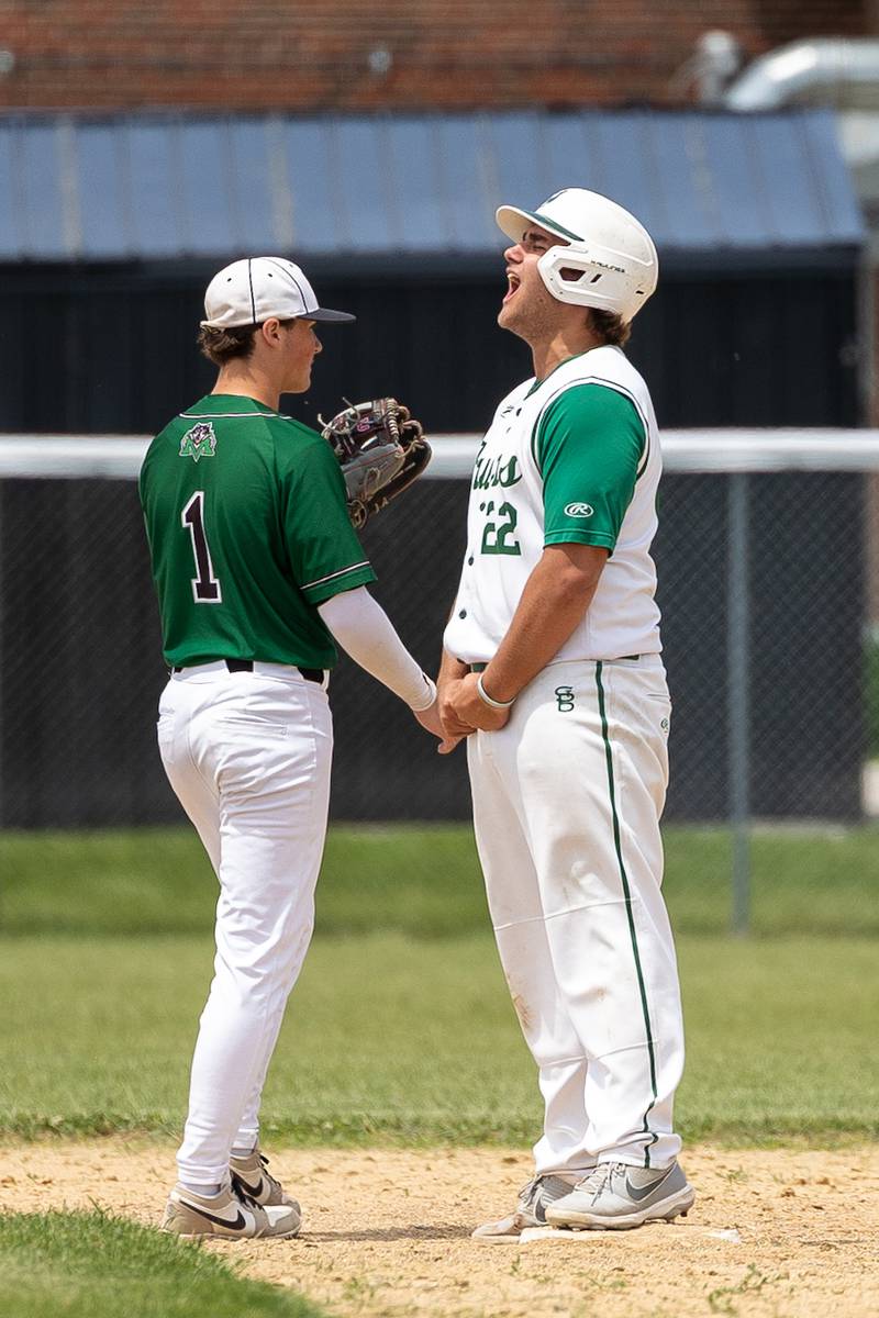 (22) Alan Spencer of St. Bede celebrates hitting a double on Saturday, May 24, 2025 at Stark County High School in Toulon.