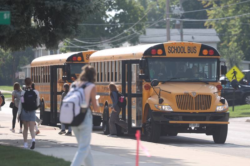 Students arrive at Lockport Township High School Central Campus for the first day of the new school year on Monday, August 19, 2024.