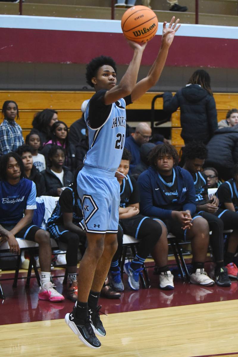Kankakee's Clarence Shipp shoots a 3-pointer during a home game against Thornridge Friday, Dec. 5, 2025.